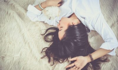 girl, sleep, lying down, animal, dog, pet, owner, asian, asian woman, young woman, upside down, asleep, sleeping, sleeping woman, female, woman, dreaming, portrait, resting, relax, dream