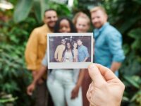 A group of friends enjoying a moment with an instant camera photo surrounded by lush greenery.