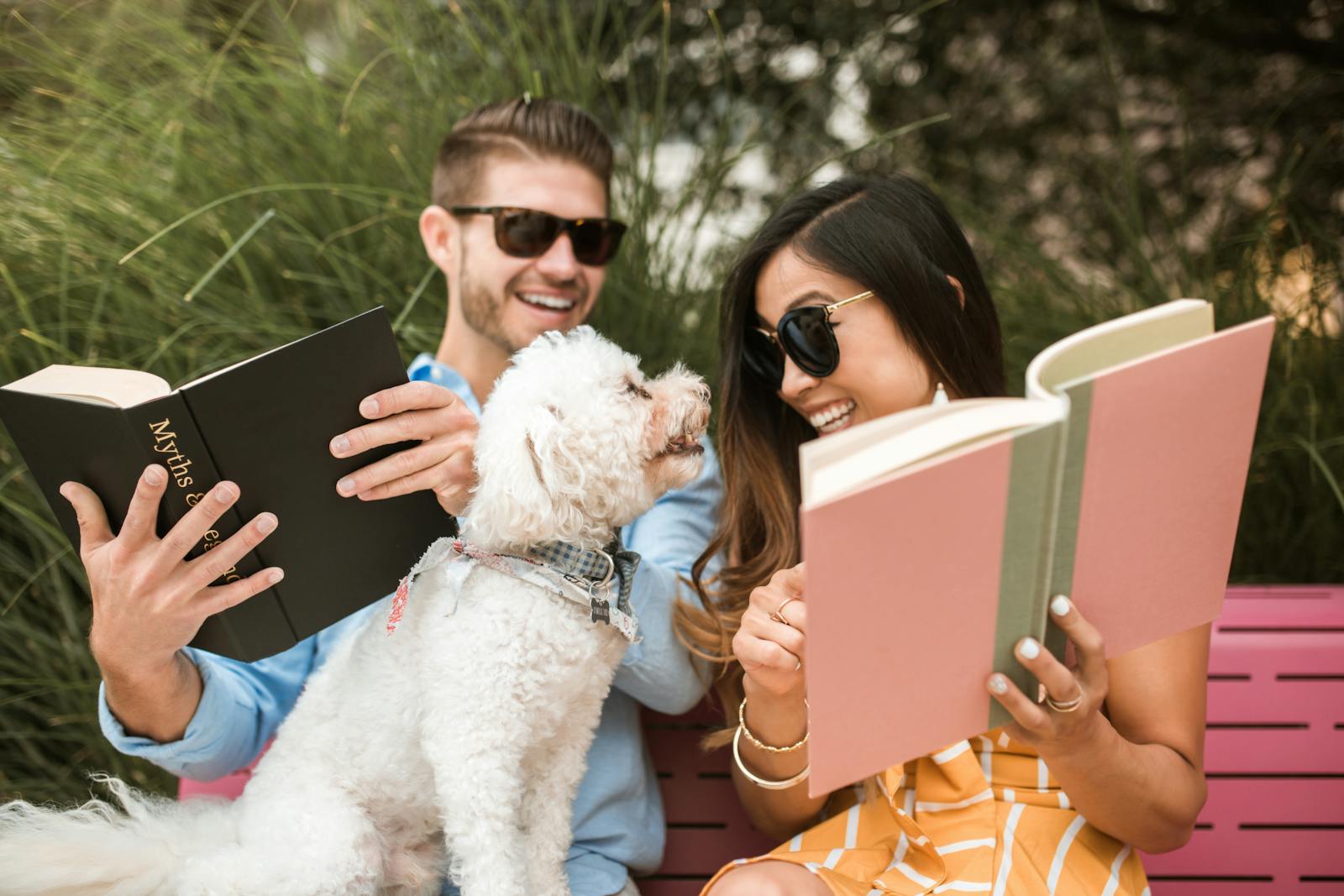 Happy couple reading together with their dog on a sunny day, enjoying leisure time outdoors.