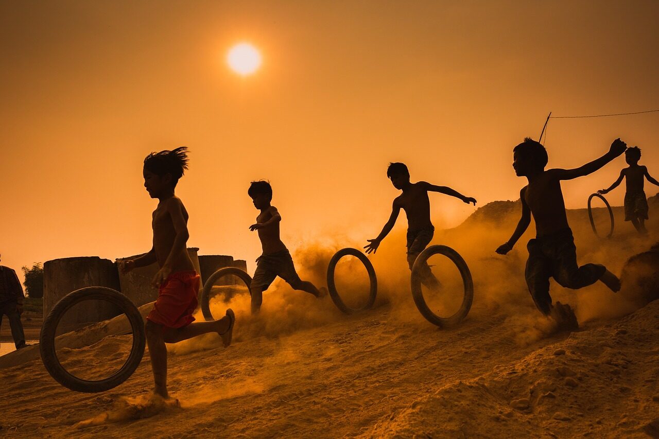 children, kids, childhood, games, play, fun, playful, nature, silhouettes, sunset, vietnam
