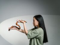 A woman confronting her fear by holding a snake, symbolizing overcoming anxiety.