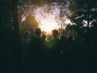 A group of friends enjoying a scenic sunset in a forest, capturing a moment of togetherness.